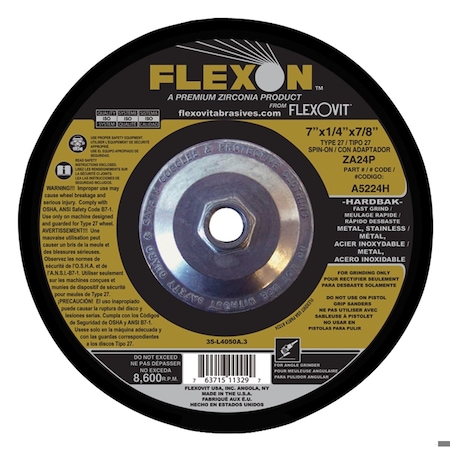 Flexovit Flexon Fast Grind Depressed Center Wheel, 7 in Dia x 1/4 in THK, ZA24P Grit, Zirconia Alumina Abrasi A5224H